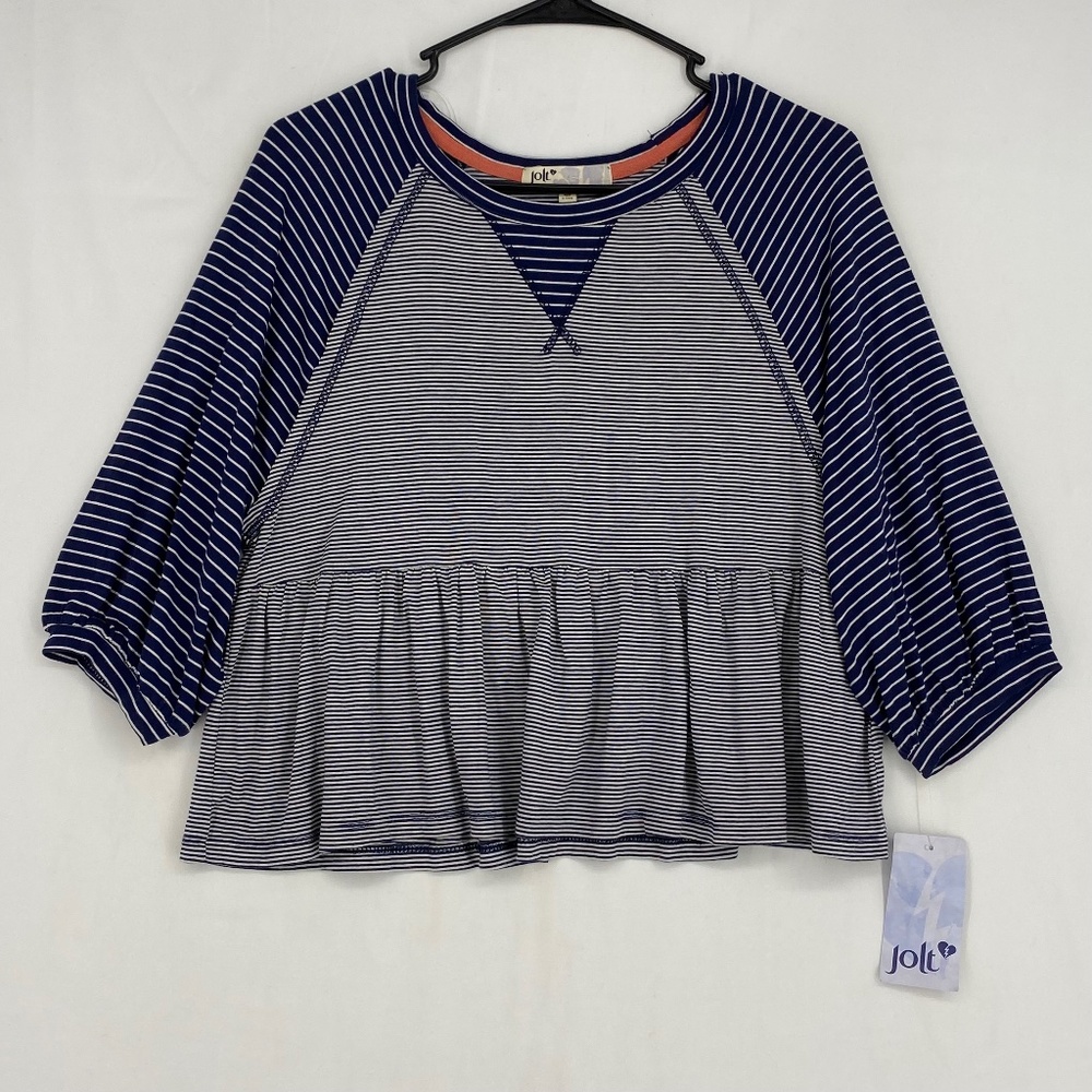 Jolt Juniors Size Medium Pullover Knit Top Multi Navy Blue White Stripes Peplum